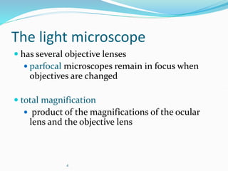 4
The light microscope
 has several objective lenses
 parfocal microscopes remain in focus when
objectives are changed
 total magnification
 product of the magnifications of the ocular
lens and the objective lens
 