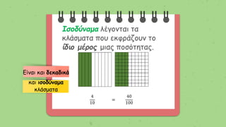 Ισοδύναμα λέγονται τα
κλάσματα που εκφράζουν το
ίδιο μέρος μιας ποσότητας.
Είναι και δεκαδικά
και ισοδύναμα
κλάσματα
 