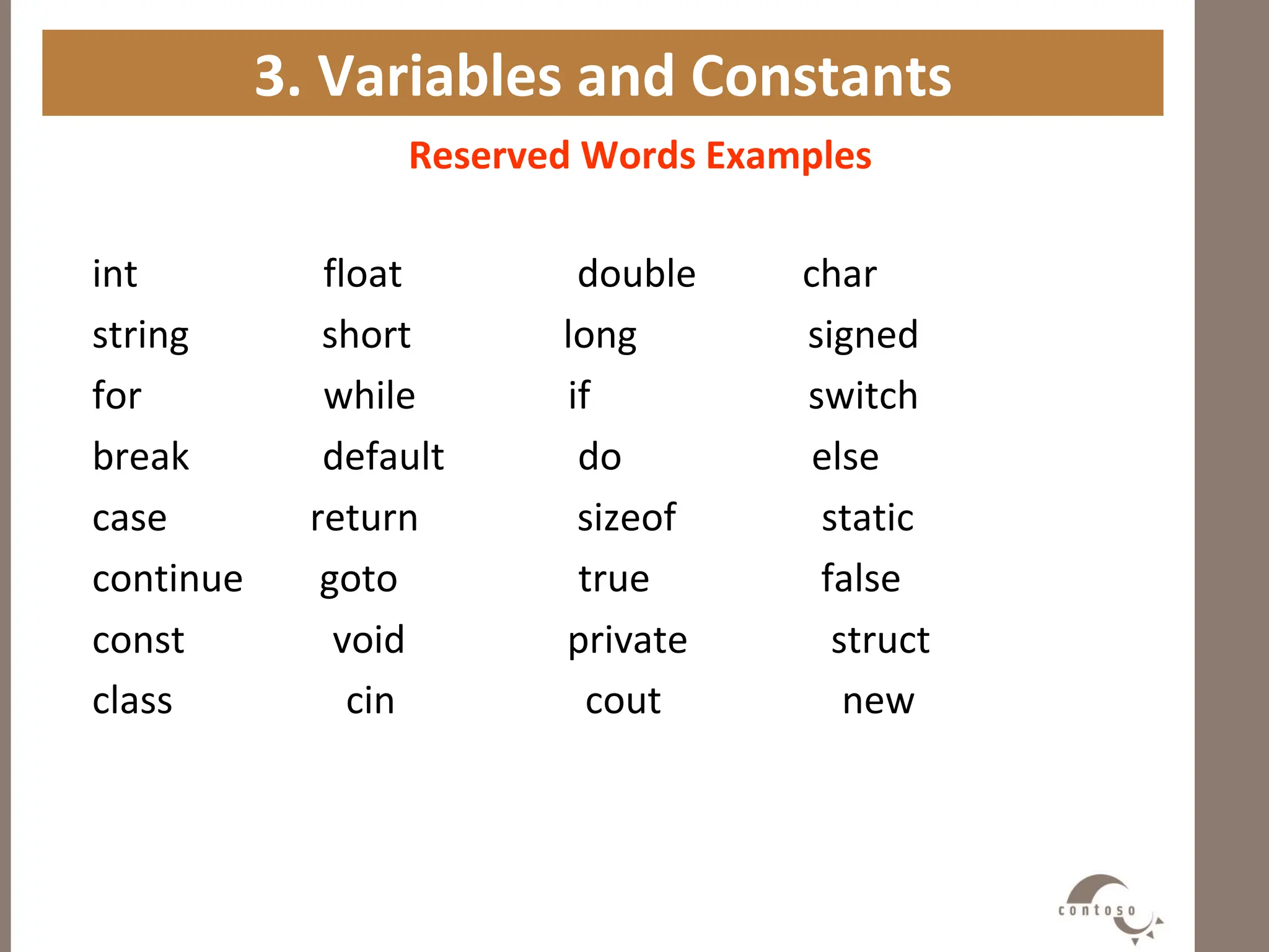 3. Variables and Constants
Reserved Words Examples
int float double char
string short long signed
for while if switch
break default do else
case return sizeof static
continue goto true false
const void private struct
class cin cout new
 
