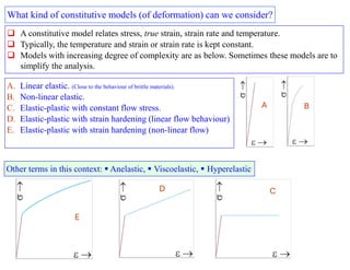  A constitutive model relates stress, true strain, strain rate and temperature.
 Typically, the temperature and strain or strain rate is kept constant.
 Models with increasing degree of complexity are as below. Sometimes these models are to
simplify the analysis.
What kind of constitutive models (of deformation) can we consider?
A. Linear elastic. (Close to the behaviour of brittle materials).
B. Non-linear elastic.
C. Elastic-plastic with constant flow stress.
D. Elastic-plastic with strain hardening (linear flow behaviour)
E. Elastic-plastic with strain hardening (non-linear flow)
A B
C
D
E
Other terms in this context:  Anelastic,  Viscoelastic,  Hyperelastic
 