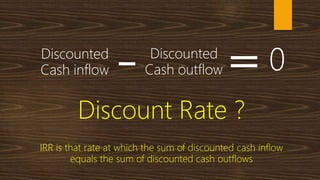 Discounted
Cash inflow
Discounted
Cash outflow 0
Discount Rate ?
IRR is that rate at which the sum of discounted cash inflow
equals the sum of discounted cash outflows
 