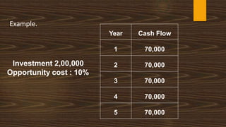 Year Cash Flow
1 70,000
2 70,000
3 70,000
4 70,000
5 70,000
Example.
Investment 2,00,000
Opportunity cost : 10%
 