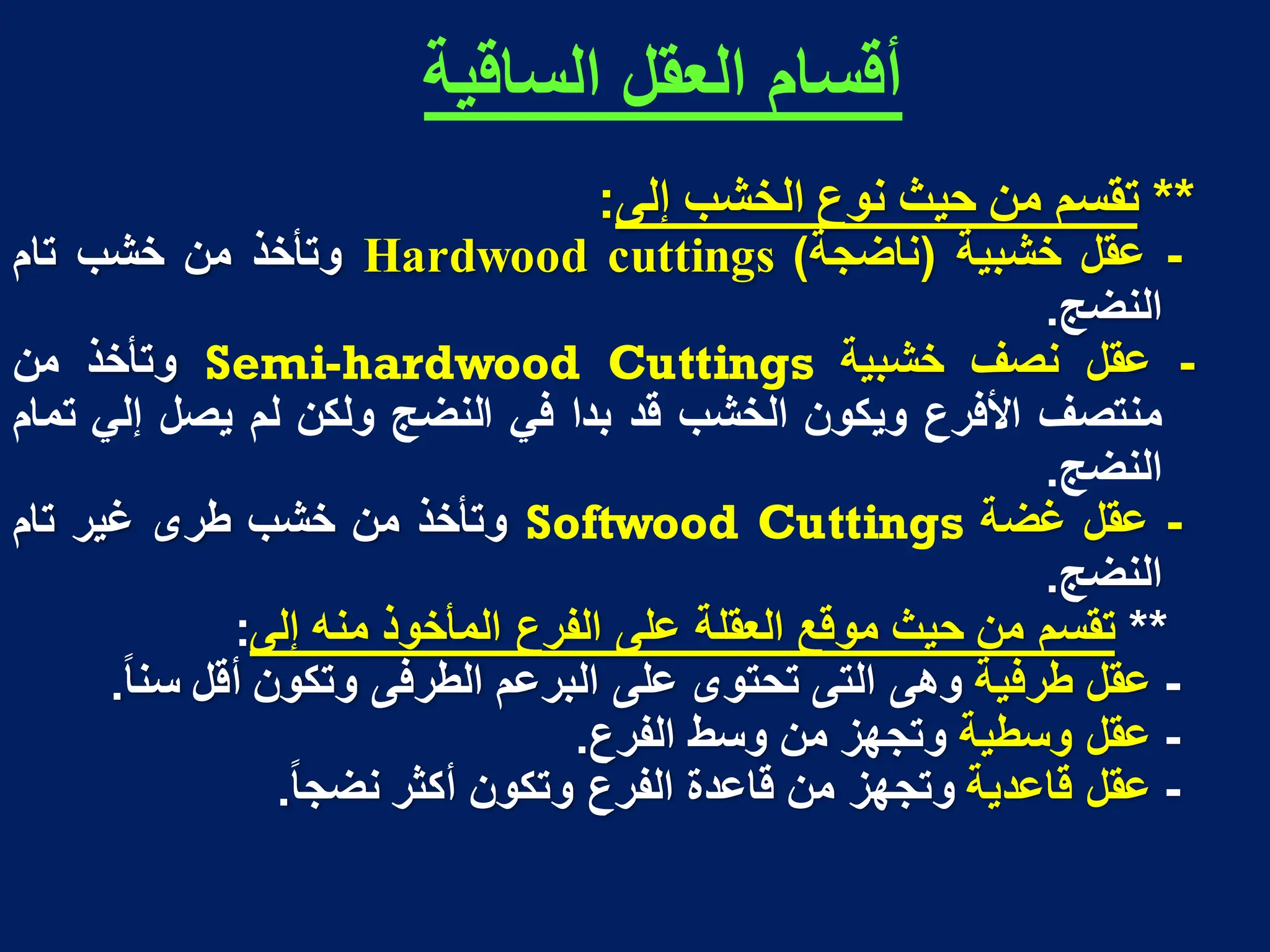 ‫الساقٌة‬ ‫العقل‬ ‫أقسام‬
**
‫تقسم‬
‫من‬
‫حٌث‬
‫نوع‬
‫الخشب‬
‫إلى‬
:
-
‫عقل‬
‫خشبٌة‬
(
‫ناضجة‬
)
Hardwood cuttings
‫وتأخذ‬
‫من‬
‫خشب‬
‫تام‬
‫النضج‬
.
-
‫عقل‬
‫نصف‬
‫خشبٌة‬
Semi-hardwood Cuttings
‫وتأخذ‬
‫من‬
‫منتصف‬
‫األفرع‬
‫وٌكون‬
‫الخشب‬
‫قد‬
‫بدا‬
ً‫ف‬
‫النضج‬
‫ولكن‬
‫لم‬
‫ٌصل‬
ً‫إل‬
‫تمام‬
‫النضج‬
.
-
‫عقل‬
‫غضة‬
Softwood Cuttings
‫و‬
‫تأخذ‬
‫من‬
‫خشب‬
‫طرى‬
‫غٌر‬
‫تام‬
‫النضج‬
.
**
‫تقسم‬
‫من‬
‫حٌث‬
‫موقع‬
‫العقلة‬
‫على‬
‫الفرع‬
‫المأخوذ‬
‫منه‬
‫إلى‬
:
-
‫عقل‬
‫طرفٌة‬
‫وهى‬
‫التى‬
‫تحتوى‬
‫على‬
‫البرعم‬
‫الطرفى‬
‫وتكون‬
‫أقل‬
‫سنا‬
.
-
‫عقل‬
‫وسطٌة‬
‫وتجهز‬
‫من‬
‫وسط‬
‫الفرع‬
.
-
‫عقل‬
‫قاعدٌة‬
‫وتجهز‬
‫من‬
‫قاعدة‬
‫الفرع‬
‫وتكون‬
‫أكثر‬
‫نضجا‬
.
 