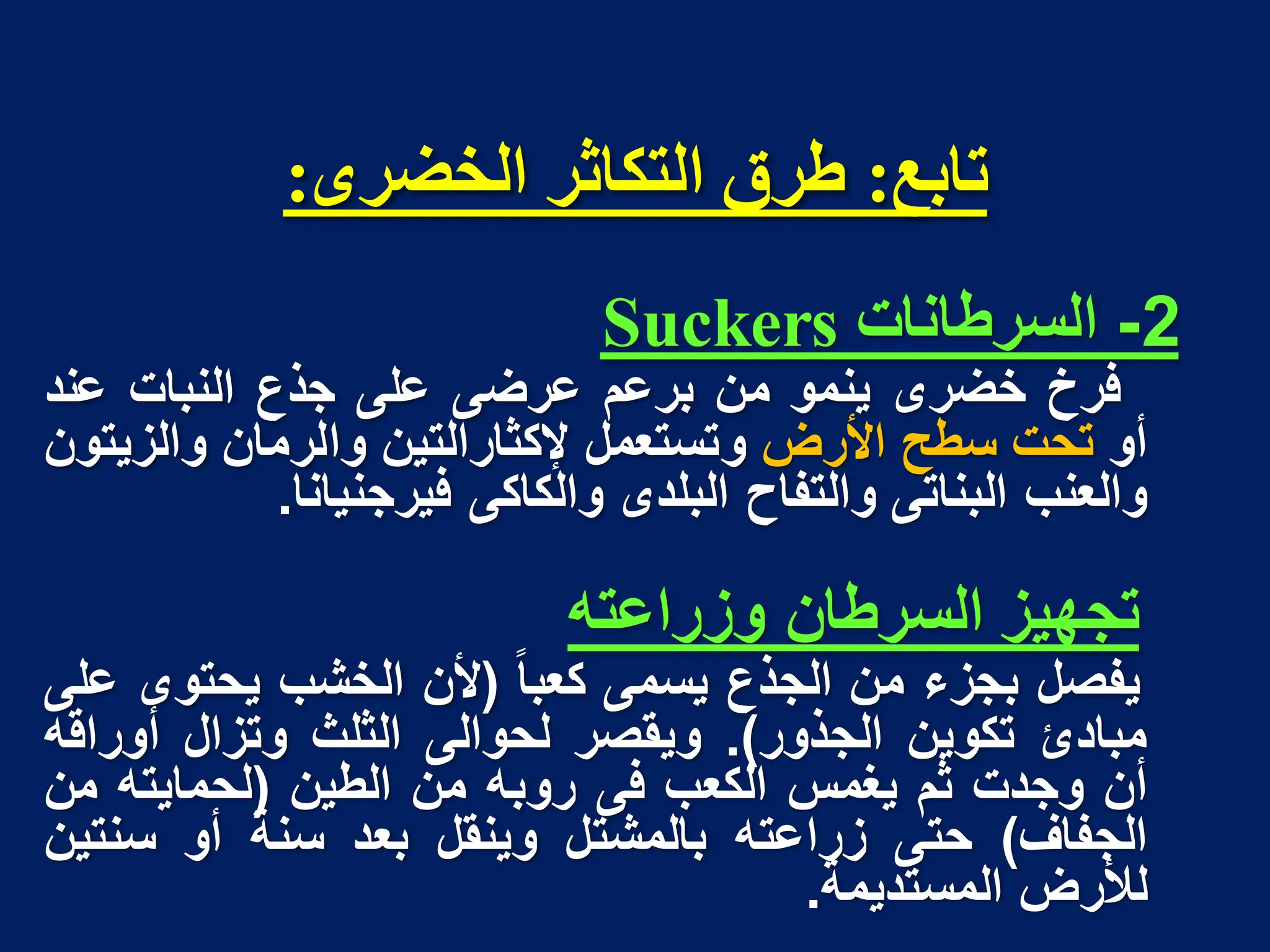 ‫تاتغ‬
:
‫انخضزي‬ ‫انتكاثز‬ ‫طزق‬
:
2
-
‫السرطانات‬
Suckers
‫فرخ‬
‫خضرى‬
‫ٌنمو‬
‫من‬
‫برعم‬
‫عرضى‬
‫على‬
‫جذع‬
‫النبات‬
‫عند‬
‫أو‬
‫تحت‬
‫سطح‬
‫األرض‬
‫وتستعمل‬
‫إلكثارالتٌن‬
‫والرمان‬
‫والزٌتون‬
‫والعنب‬
‫البناتى‬
‫والتفاح‬
‫البلدى‬
‫والكاكى‬
‫فٌرجنٌانا‬
.
‫تجهٌز‬
‫السرطان‬
‫وزراعته‬
‫ٌفصل‬
‫بجزء‬
‫من‬
‫الجذع‬
‫ٌسمى‬
‫كعبا‬
(
‫ألن‬
‫الخشب‬
‫ٌحتوى‬
‫على‬
‫مبادئ‬
‫تكوٌن‬
‫الجذور‬
)
.
‫وٌقصر‬
‫لحوالى‬
‫الثلث‬
‫وتزال‬
‫أوراقه‬
‫أن‬
‫وجدت‬
‫ثم‬
‫ٌغمس‬
‫الكعب‬
‫فى‬
‫رو‬
‫ب‬
‫ه‬
‫من‬
‫الطٌن‬
(
‫لحماٌته‬
‫من‬
‫الجفاف‬
)
‫حتى‬
‫زراعته‬
‫بالمشتل‬
‫وٌنقل‬
‫بعد‬
‫سنة‬
‫أو‬
‫سنتٌن‬
‫لألرض‬
‫المستدٌمة‬
.
 