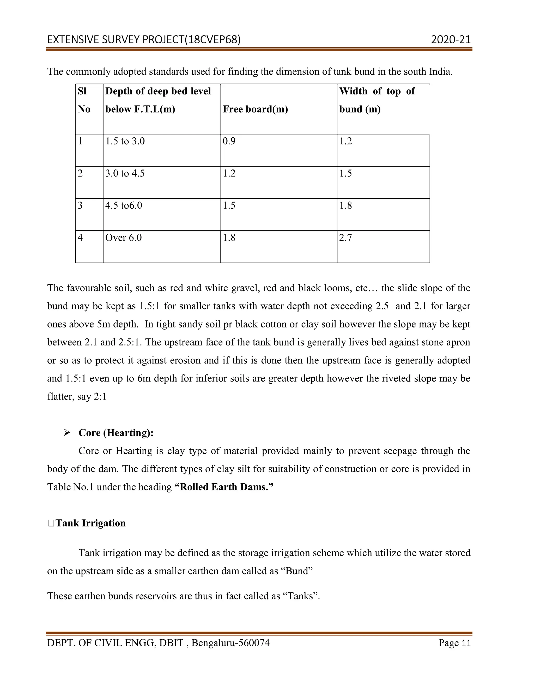 EXTENSIVE SURVEY PROJECT(18CVEP68) 2020-21
DEPT. OF CIVIL ENGG, DBIT , Bengaluru-560074 Page 11
The commonly adopted standards used for finding the dimension of tank bund in the south India.
Sl
No
Depth of deep bed level
below F.T.L(m) Free board(m)
Width of top of
bund (m)
1 1.5 to 3.0 0.9 1.2
2 3.0 to 4.5 1.2 1.5
3 4.5 to6.0 1.5 1.8
4 Over 6.0 1.8 2.7
The favourable soil, such as red and white gravel, red and black looms, etc… the slide slope of the
bund may be kept as 1.5:1 for smaller tanks with water depth not exceeding 2.5 and 2.1 for larger
ones above 5m depth. In tight sandy soil pr black cotton or clay soil however the slope may be kept
between 2.1 and 2.5:1. The upstream face of the tank bund is generally lives bed against stone apron
or so as to protect it against erosion and if this is done then the upstream face is generally adopted
and 1.5:1 even up to 6m depth for inferior soils are greater depth however the riveted slope may be
flatter, say 2:1
 Core (Hearting):
Core or Hearting is clay type of material provided mainly to prevent seepage through the
body of the dam. The different types of clay silt for suitability of construction or core is provided in
Table No.1 under the heading “Rolled Earth Dams.”
Tank Irrigation
Tank irrigation may be defined as the storage irrigation scheme which utilize the water stored
on the upstream side as a smaller earthen dam called as “Bund”
These earthen bunds reservoirs are thus in fact called as “Tanks”.
 