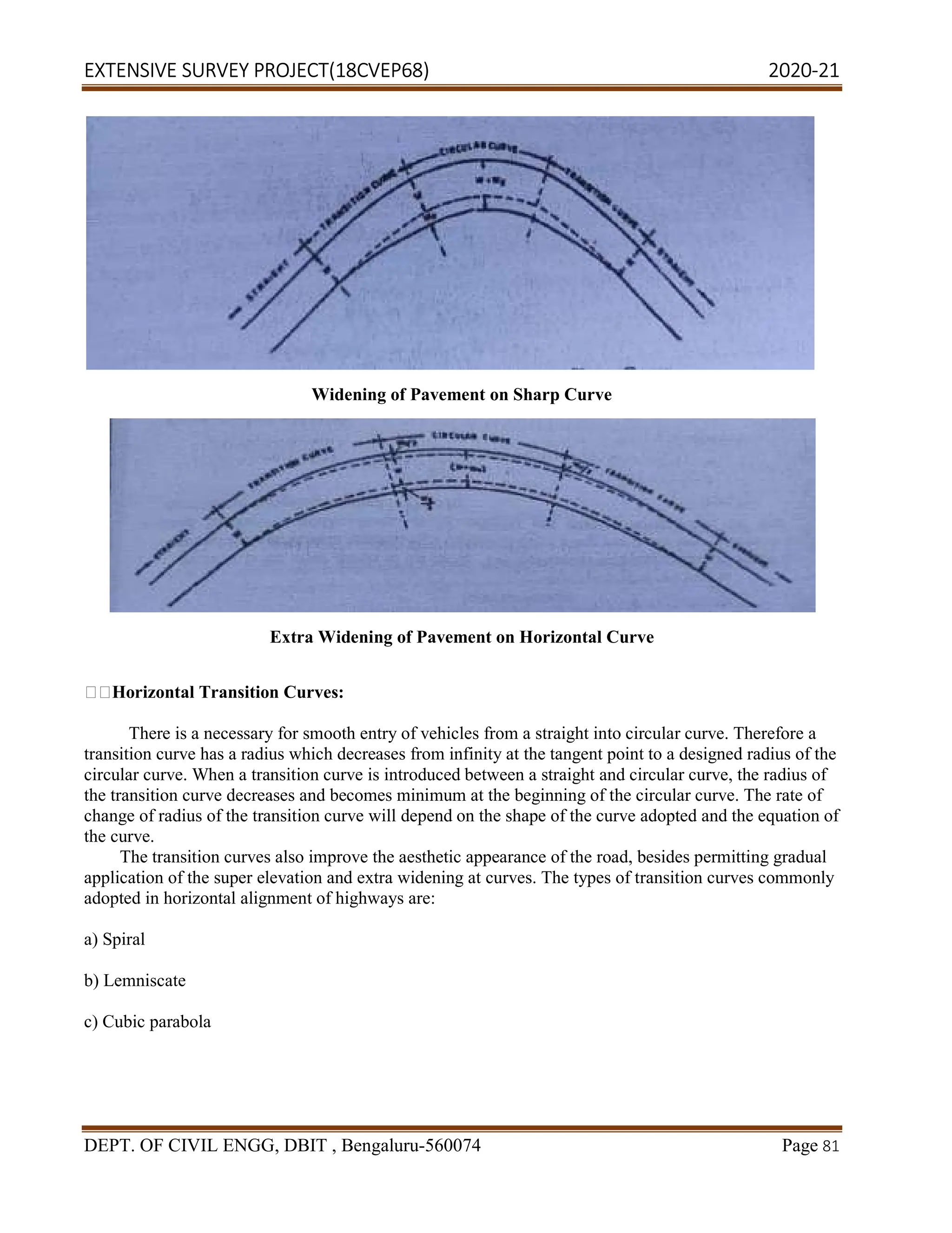 EXTENSIVE SURVEY PROJECT(18CVEP68) 2020-21
DEPT. OF CIVIL ENGG, DBIT , Bengaluru-560074 Page 81
Widening of Pavement on Sharp Curve
Extra Widening of Pavement on Horizontal Curve
Horizontal Transition Curves:
There is a necessary for smooth entry of vehicles from a straight into circular curve. Therefore a
transition curve has a radius which decreases from infinity at the tangent point to a designed radius of the
circular curve. When a transition curve is introduced between a straight and circular curve, the radius of
the transition curve decreases and becomes minimum at the beginning of the circular curve. The rate of
change of radius of the transition curve will depend on the shape of the curve adopted and the equation of
the curve.
The transition curves also improve the aesthetic appearance of the road, besides permitting gradual
application of the super elevation and extra widening at curves. The types of transition curves commonly
adopted in horizontal alignment of highways are:
a) Spiral
b) Lemniscate
c) Cubic parabola
 