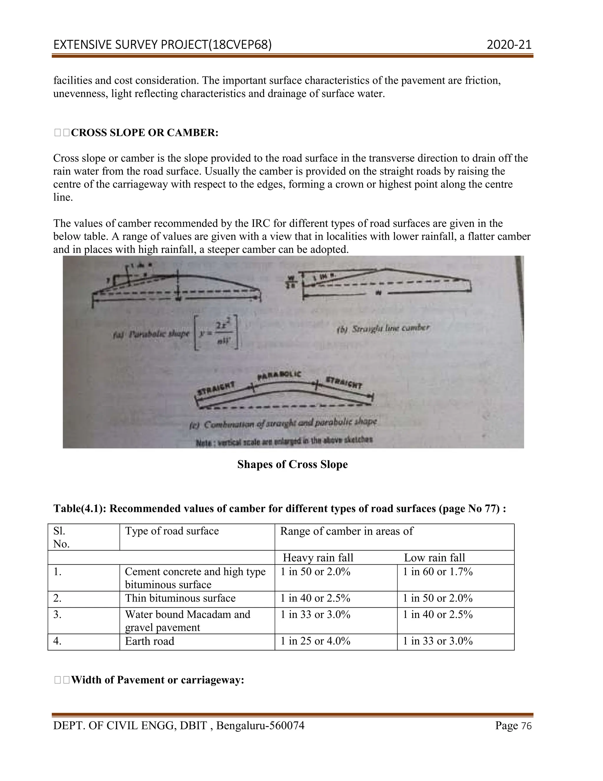 EXTENSIVE SURVEY PROJECT(18CVEP68) 2020-21
DEPT. OF CIVIL ENGG, DBIT , Bengaluru-560074 Page 76
facilities and cost consideration. The important surface characteristics of the pavement are friction,
unevenness, light reflecting characteristics and drainage of surface water.
CROSS SLOPE OR CAMBER:
Cross slope or camber is the slope provided to the road surface in the transverse direction to drain off the
rain water from the road surface. Usually the camber is provided on the straight roads by raising the
centre of the carriageway with respect to the edges, forming a crown or highest point along the centre
line.
The values of camber recommended by the IRC for different types of road surfaces are given in the
below table. A range of values are given with a view that in localities with lower rainfall, a flatter camber
and in places with high rainfall, a steeper camber can be adopted.
Shapes of Cross Slope
Table(4.1): Recommended values of camber for different types of road surfaces (page No 77) :
Sl.
No.
Type of road surface Range of camber in areas of
Heavy rain fall Low rain fall
1. Cement concrete and high type
bituminous surface
1 in 50 or 2.0% 1 in 60 or 1.7%
2. Thin bituminous surface 1 in 40 or 2.5% 1 in 50 or 2.0%
3. Water bound Macadam and
gravel pavement
1 in 33 or 3.0% 1 in 40 or 2.5%
4. Earth road 1 in 25 or 4.0% 1 in 33 or 3.0%
Width of Pavement or carriageway:
 