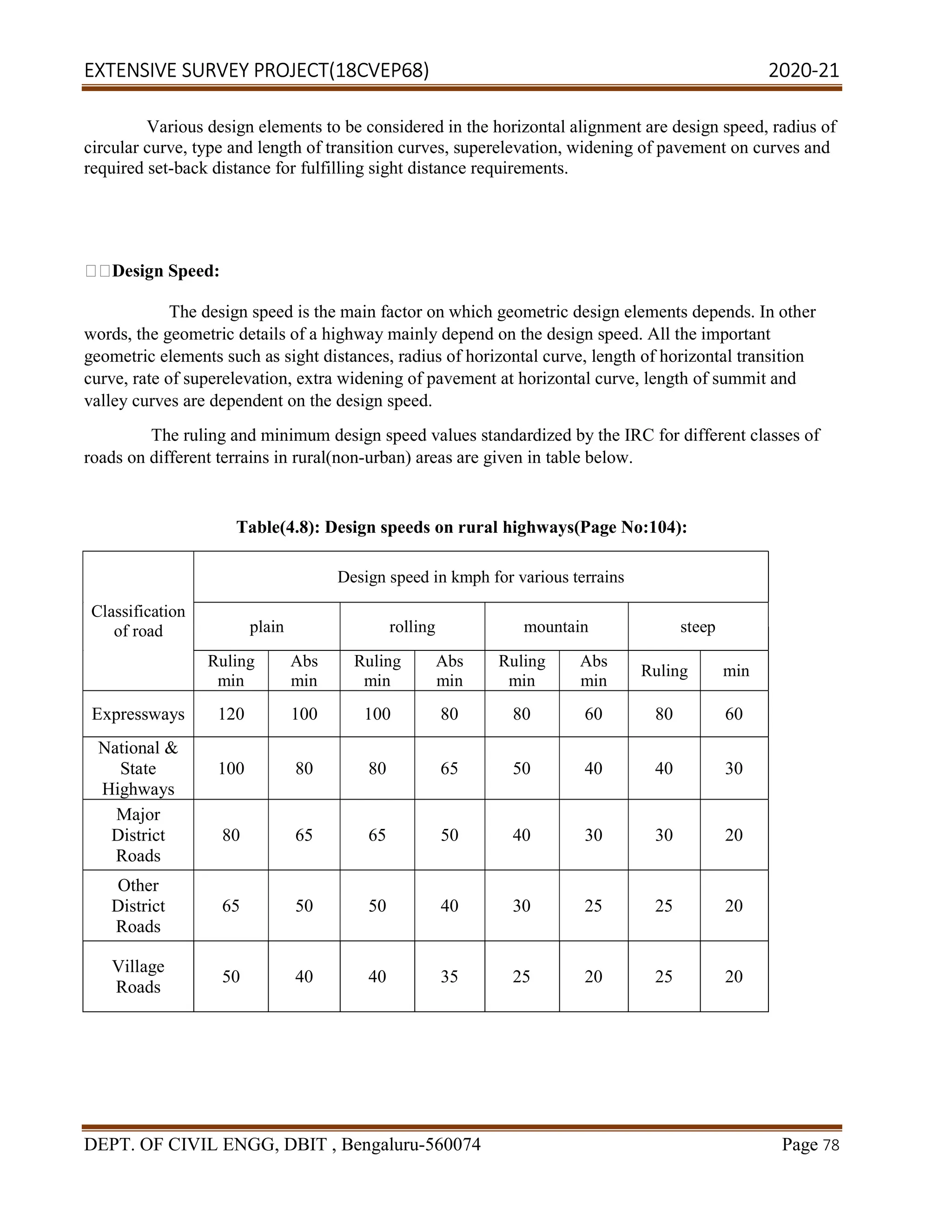 EXTENSIVE SURVEY PROJECT(18CVEP68) 2020-21
DEPT. OF CIVIL ENGG, DBIT , Bengaluru-560074 Page 78
Various design elements to be considered in the horizontal alignment are design speed, radius of
circular curve, type and length of transition curves, superelevation, widening of pavement on curves and
required set-back distance for fulfilling sight distance requirements.
Design Speed:
The design speed is the main factor on which geometric design elements depends. In other
words, the geometric details of a highway mainly depend on the design speed. All the important
geometric elements such as sight distances, radius of horizontal curve, length of horizontal transition
curve, rate of superelevation, extra widening of pavement at horizontal curve, length of summit and
valley curves are dependent on the design speed.
The ruling and minimum design speed values standardized by the IRC for different classes of
roads on different terrains in rural(non-urban) areas are given in table below.
Table(4.8): Design speeds on rural highways(Page No:104):
Classification
of road
Design speed in kmph for various terrains
plain rolling mountain steep
Ruling
min
Abs
min
Ruling
min
Abs
min
Ruling
min
Abs
min
Ruling min
Expressways 120 100 100 80 80 60 80 60
National &
State
Highways
100 80 80 65 50 40 40 30
Major
District
Roads
80 65 65 50 40 30 30 20
Other
District
Roads
65 50 50 40 30 25 25 20
Village
Roads
50 40 40 35 25 20 25 20
 