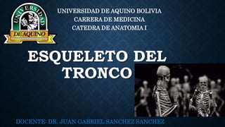 ESQUELETO DEL
TRONCO
DOCENTE: DR. JUAN GABRIEL SANCHEZ SANCHEZ
UNIVERSIDAD DE AQUINO BOLIVIA
CARRERA DE MEDICINA
CATEDRA DE ANATOMIA I
 