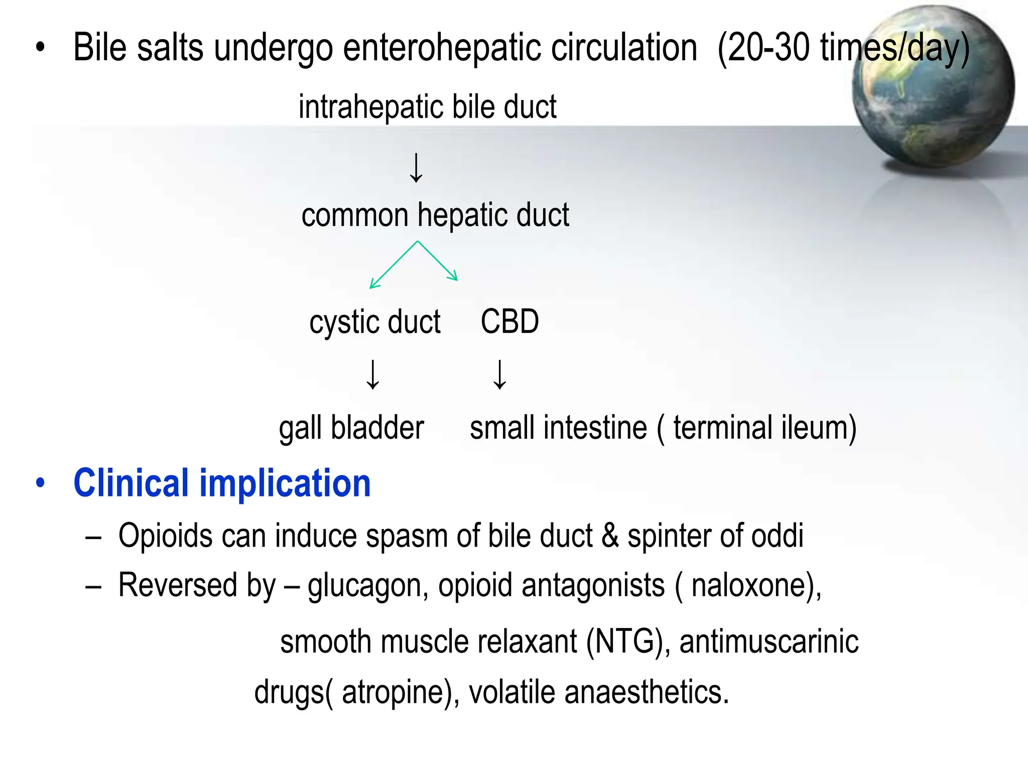 • Bile salts undergo enterohepatic circulation (20-30 times/day)
intrahepatic bile duct
↓
common hepatic duct
cystic duct CBD
↓ ↓
gall bladder small intestine ( terminal ileum)
• Clinical implication
– Opioids can induce spasm of bile duct & spinter of oddi
– Reversed by – glucagon, opioid antagonists ( naloxone),
smooth muscle relaxant (NTG), antimuscarinic
drugs( atropine), volatile anaesthetics.
 