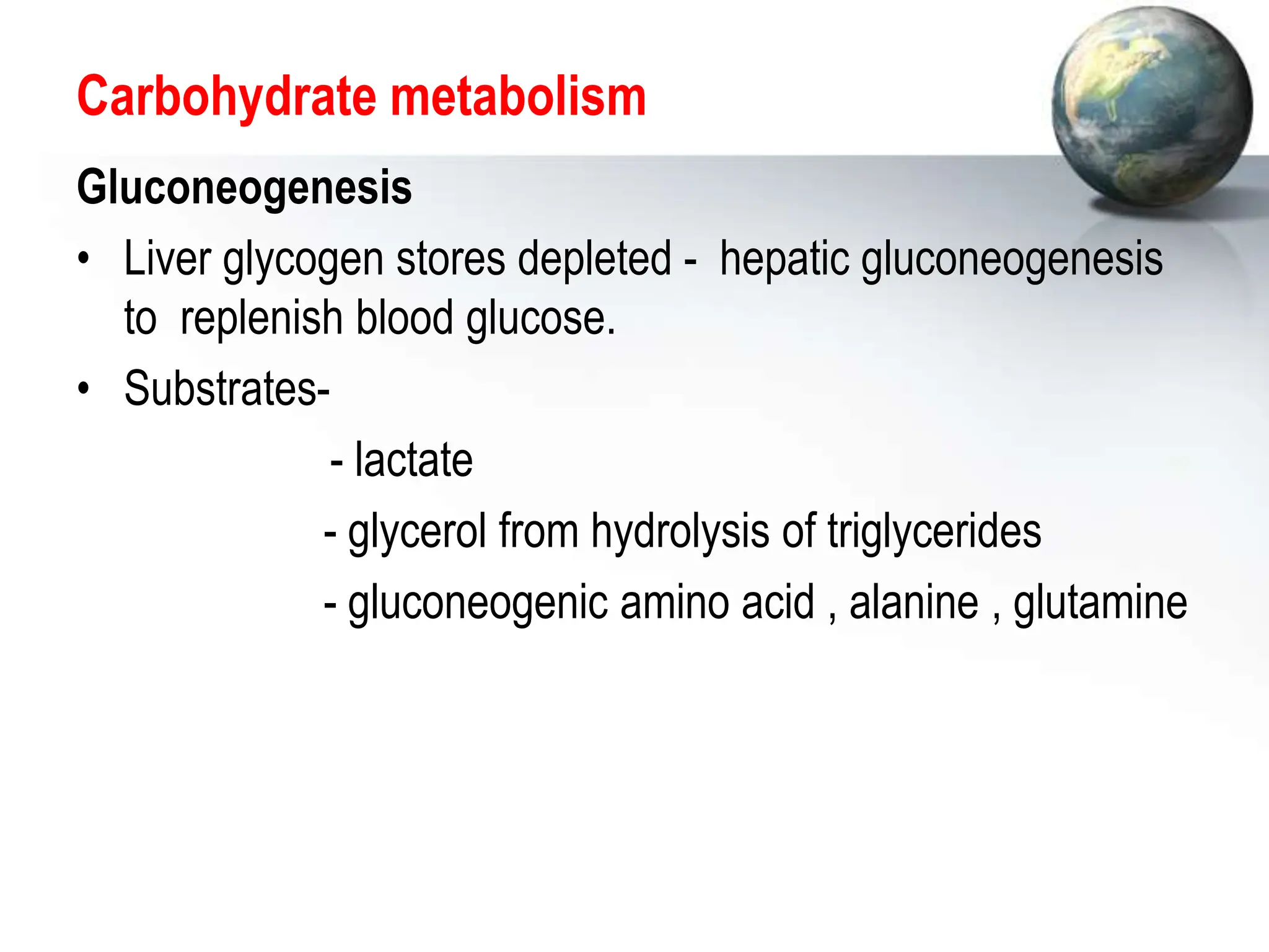 Carbohydrate metabolism
Gluconeogenesis
• Liver glycogen stores depleted - hepatic gluconeogenesis
to replenish blood glucose.
• Substrates-
- lactate
- glycerol from hydrolysis of triglycerides
- gluconeogenic amino acid , alanine , glutamine
 