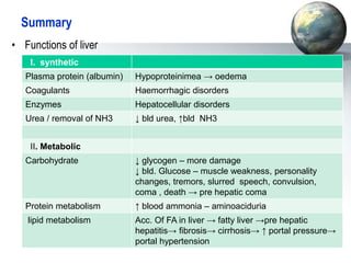 Summary
• Functions of liver
I. synthetic
Plasma protein (albumin) Hypoproteinimea → oedema
Coagulants Haemorrhagic disorders
Enzymes Hepatocellular disorders
Urea / removal of NH3 ↓ bld urea, ↑bld NH3
II. Metabolic
Carbohydrate ↓ glycogen – more damage
↓ bld. Glucose – muscle weakness, personality
changes, tremors, slurred speech, convulsion,
coma , death → pre hepatic coma
Protein metabolism ↑ blood ammonia – aminoaciduria
lipid metabolism Acc. Of FA in liver → fatty liver →pre hepatic
hepatitis→ fibrosis→ cirrhosis→ ↑ portal pressure→
portal hypertension
 