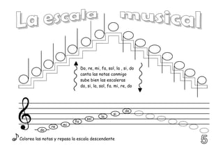 Colorea las notas y repasa la escala descendente
Do, re, mi, fa, sol, la , si, do
canta las notas conmigo
sube bien las escaleras
do, si, la, sol, fa. mi, re, do
do
re
mi
fa
la
sol
si
do
 
