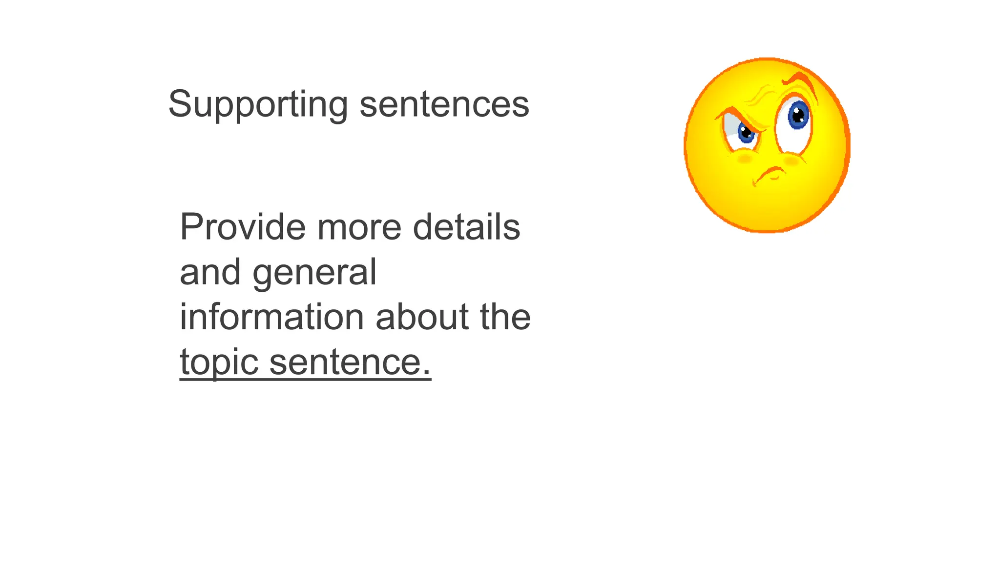 Supporting sentences
Provide more details
and general
information about the
topic sentence.
 