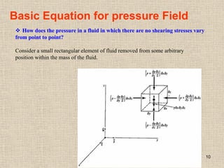 10
Basic Equation for pressure Field
 How does the pressure in a fluid in which there are no shearing stresses vary
from point to point?
Consider a small rectangular element of fluid removed from some arbitrary
position within the mass of the fluid.
 