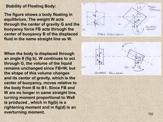 102
The figure shows a body floating in
equilibrium. The weight W acts
through the center of gravity G and the
buoyancy force FB acts through the
center of buoyancy B of the displaced
fluid in the same straight line as W.
When the body is displaced through
an angle θ (fig b), W continues to act
through G, the volume of the liquid
remains unchanged since FB=W, but
the shape of this volume changes
and its center of gravity, which is the
center of buoyancy, moves relative to
the body from B to B1. Since FB and
W are no longer in same straight line,
turning moment proportional to Wxθ
is produced , which in fig(b) is a
rightening moment and in fig(d) is an
overturning moment.
Stability of Floating Body:
 