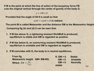 103
If M is the point at which the line of action of the buoyancy force FB
cuts the original vertical through the center of gravity of the body G,
𝑥 = 𝐺𝑀 𝑥 𝜃
Provided that the angle of tilt θ is small so that
𝑠𝑖𝑛𝜃 = 𝑡𝑎𝑛𝜃 = 𝜃 in radians
The point M is called Metacenter and the distance GM is the Metacentric Height.
Comparing fig (b) and (d) it can be seen that:
1. If M lies above G, a rightening moment WxGMxθ is produced,
equilibrium is stable and GM is regarded as positive.
2. If M lies below G, an overturning moment WxGMxθ is produced,
equilibrium is unstable and GM is regarded as negative.
3. If M coincides with G, the body is in neutral equilibrium.
From fig
Metacentric height GM= BM-BG,
Where 𝐵𝑀 =
𝐼𝑦𝑐
𝑉𝑠𝑢𝑏
If, GM > 0 Stable
GM < 0 Unstable
GM = 0 Neutrally
stable
 