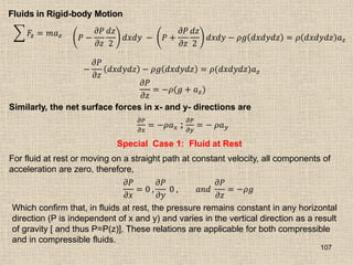 107
Fluids in Rigid-body Motion
𝐹𝑧 = 𝑚𝑎𝑧 𝑃 −
𝜕𝑃
𝜕𝑧
𝑑𝑧
2
𝑑𝑥𝑑𝑦 − 𝑃 +
𝜕𝑃
𝜕𝑧
𝑑𝑧
2
𝑑𝑥𝑑𝑦 − 𝜌𝑔 𝑑𝑥𝑑𝑦𝑑𝑧 = 𝜌 𝑑𝑥𝑑𝑦𝑑𝑧 𝑎𝑧
−
𝜕𝑃
𝜕𝑧
𝑑𝑥𝑑𝑦𝑑𝑧 − 𝜌𝑔 𝑑𝑥𝑑𝑦𝑑𝑧 = 𝜌(𝑑𝑥𝑑𝑦𝑑𝑧)𝑎𝑧
𝜕𝑃
𝜕𝑧
= −𝜌(𝑔 + 𝑎𝑧)
Similarly, the net surface forces in x- and y- directions are
𝜕𝑃
𝜕𝑥
= −𝜌𝑎𝑥 ;
𝜕𝑃
𝜕𝑦
= − 𝜌𝑎𝑦
Special Case 1: Fluid at Rest
For fluid at rest or moving on a straight path at constant velocity, all components of
acceleration are zero, therefore,
𝜕𝑃
𝜕𝑥
= 0 ,
𝜕𝑃
𝜕𝑦
0 , 𝑎𝑛𝑑
𝜕𝑃
𝜕𝑧
= −𝜌𝑔
Which confirm that, in fluids at rest, the pressure remains constant in any horizontal
direction (P is independent of x and y) and varies in the vertical direction as a result
of gravity [ and thus P=P(z)]. These relations are applicable for both compressible
and in compressible fluids.
 