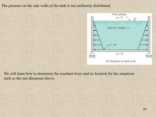 57
The pressure on the side walls of the tank is not uniformly distributed.
We will learn how to determine the resultant force and its location for the situations
such as the one discussed above.
 