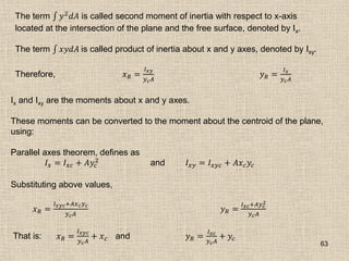 63
The term 𝑦2𝑑𝐴 is called second moment of inertia with respect to x-axis
located at the intersection of the plane and the free surface, denoted by Ix.
The term 𝑥𝑦𝑑𝐴 is called product of inertia about x and y axes, denoted by Ixy.
Therefore, 𝑥𝑅 =
𝐼𝑥𝑦
𝑦𝑐𝐴
𝑦𝑅 =
𝐼𝑥
𝑦𝑐𝐴
Ix and Ixy are the moments about x and y axes.
These moments can be converted to the moment about the centroid of the plane,
using:
Parallel axes theorem, defines as
𝐼𝑥 = 𝐼𝑥𝑐 + 𝐴𝑦𝑐
2 and 𝐼𝑥𝑦 = 𝐼𝑥𝑦𝑐 + 𝐴𝑥𝑐𝑦𝑐
Substituting above values,
𝑥𝑅 =
𝐼𝑥𝑦𝑐+𝐴𝑥𝑐𝑦𝑐
𝑦𝑐𝐴
𝑦𝑅 =
𝐼𝑥𝑐+𝐴𝑦𝑐
2
𝑦𝑐𝐴
That is: 𝑥𝑅 =
𝐼𝑥𝑦𝑐
𝑦𝑐𝐴
+ 𝑥𝑐 and 𝑦𝑅 =
𝐼𝑥𝑐
𝑦𝑐𝐴
+ 𝑦𝑐
 
