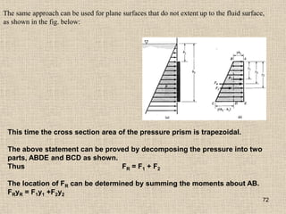 72
The same approach can be used for plane surfaces that do not extent up to the fluid surface,
as shown in the fig. below:
This time the cross section area of the pressure prism is trapezoidal.
The above statement can be proved by decomposing the pressure into two
parts, ABDE and BCD as shown.
Thus FR = F1 + F2
The location of FR can be determined by summing the moments about AB.
FRyR = F1y1 +F2y2
 