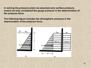 74
In solving the pressure prism we assumed zero surface pressure,
means we only considered the gauge pressure in the determination of
the pressure force.
The following figure includes the atmospheric pressure in the
determination of the pressure force.
 