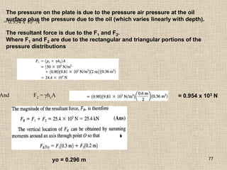 77
The pressure on the plate is due to the pressure air pressure at the oil
surface plus the pressure due to the oil (which varies linearly with depth).
The resultant force is due to the F1 and F2.
Where F1 and F2 are due to the rectangular and triangular portions of the
pressure distributions
And F2 = γhcA
= 0.954 x 103 N
= 0.954 x 103 N
yo = 0.296 m
 