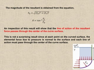 81
The magnitude of the resultant is obtained from the equation,
𝐹𝑅 = 𝐹𝐻
2 + 𝐹𝑉
2
𝜃 = 𝑡𝑎𝑛_1
𝐹𝑉
𝐹𝐻
An inspection of this result will show that the line of action of the resultant
force passes through the center of the curve surface.
This is not a surprising result since at each point on the curved surface, the
elemental force due to pressure is normal to the surface and each line of
action must pass through the center of the curve surface.
 