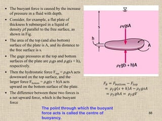88
 The buoyant force is caused by the increase
of pressure in a fluid with depth.
 Consider, for example, a flat plate of
thickness h submerged in a liquid of
density 𝜌f parallel to the free surface, as
shown in Fig.
 The area of the top (and also bottom)
surface of the plate is A, and its distance to
the free surface is s.
 The gage pressures at the top and bottom
surfaces of the plate are 𝜌fgs and 𝜌fg(s + h),
respectively.
 Then the hydrostatic force Ftop = 𝜌fgsA acts
downward on the top surface, and the
larger force Fbottom = 𝜌fg(s + h)A acts
upward on the bottom surface of the plate.
 The difference between these two forces is
a net upward force, which is the buoyant
force
𝐹𝐵 = 𝐹𝑏𝑜𝑡𝑡𝑜𝑚 − 𝐹𝑡𝑜𝑝
= 𝜌𝑓𝑔 𝑠 + 𝑕 𝐴 − 𝜌𝑓𝑔𝑠𝐴
= 𝜌𝑓𝑔𝑕𝐴 = 𝜌𝑓𝑔𝑉
The point through which the buoyant
force acts is called the centre of
buoyancy.
 
