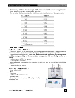 QUALITY CONTROL OF SOLID DOSAGE FORMS CHAPTER NO 2
PREPARED BY :HASNAT TARIQ (GDIP) 8
 If we are using 20 tablets, then according to U.S.P., not more than 2 tablets show % weight variation
and no tablet differs by more than double that percentage
 If we are taking 10 tablets, then according to U.S.P., not more than 1 tablet show % weight variation.
OFFICIAL TESTS
1. DISINTEGRATION TEST
• It is the time required for the tablet to break into particles, the disintegration test is a measure only to the
time required under a given set of conditions for a group of tablets to disintegrate into particles.
• Complete disintegration is defined as that state in which any residue of the tablet, except fragments of
insoluble coating remaining on the screen of the test apparatus. Soft mass having no firm core
remains.
• It is done because of following reasons:
- To ensure product uniformity
- Attempts are made to simulate in-vivo conditions. Actually, test does not correlate with physiological
conditions.
- It is done as a process control.
DISINTEGRATION APPARATUS
• Basket rack assembly
• Discs
• Thermostat
• Suitable vessel of immersion fluid
• Immersion fluid
• A motoring device for raising and lowering the basket
assembly in fluid
 