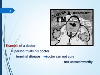 Example of a doctor
ill person trusts his doctor
terminal disease doctor can not cure
not untrusthworthy
8
 