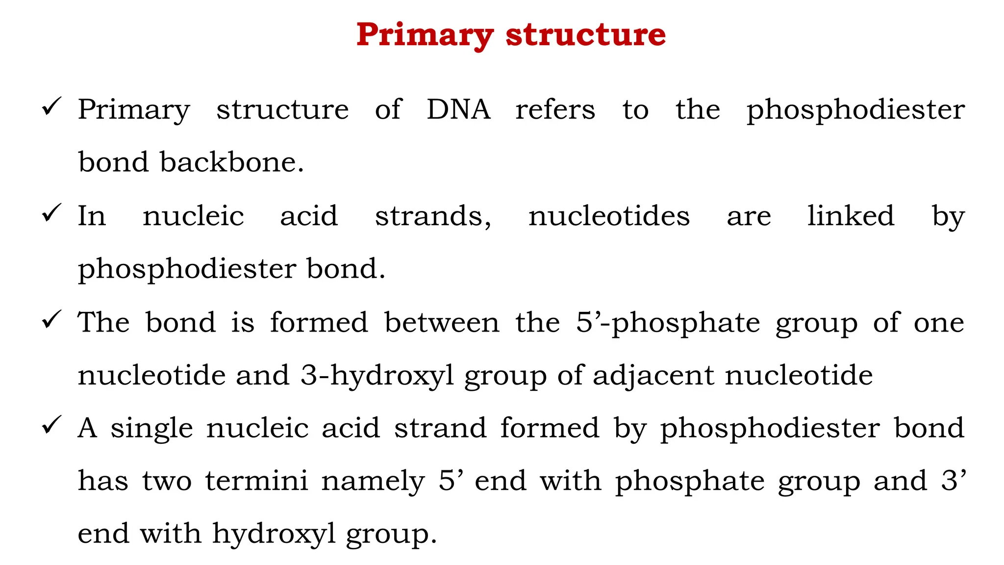Primary structure
 Primary structure of DNA refers to the phosphodiester
bond backbone.
 In nucleic acid strands, nucleotides are linked by
phosphodiester bond.
 The bond is formed between the 5’-phosphate group of one
nucleotide and 3-hydroxyl group of adjacent nucleotide
 A single nucleic acid strand formed by phosphodiester bond
has two termini namely 5’ end with phosphate group and 3’
end with hydroxyl group.
 