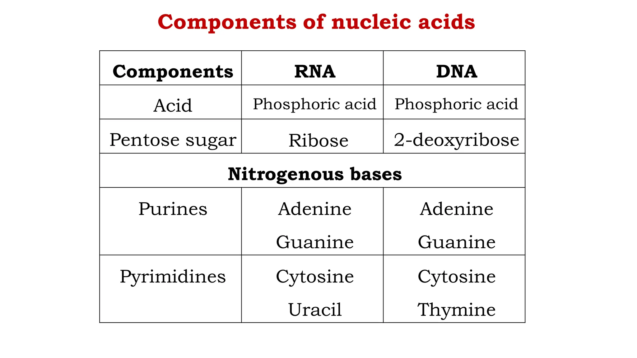 Components of nucleic acids
Components RNA DNA
Acid Phosphoric acid Phosphoric acid
Pentose sugar Ribose 2-deoxyribose
Nitrogenous bases
Purines Adenine
Guanine
Adenine
Guanine
Pyrimidines Cytosine
Uracil
Cytosine
Thymine
 
