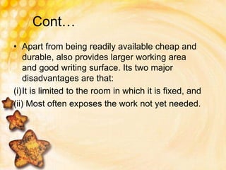 Cont…
• Apart from being readily available cheap and
durable, also provides larger working area
and good writing surface. Its two major
disadvantages are that:
(i)It is limited to the room in which it is fixed, and
(ii) Most often exposes the work not yet needed.
 