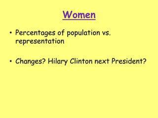 Women
• Percentages of population vs.
representation
• Changes? Hilary Clinton next President?
 
