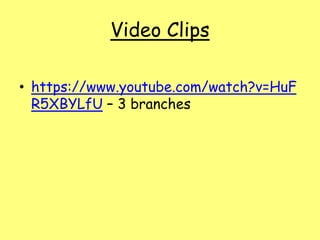 Video Clips
• https://www.youtube.com/watch?v=HuF
R5XBYLfU – 3 branches
 