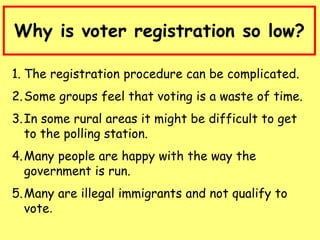 Why is voter registration so low?
1. The registration procedure can be complicated.
2.Some groups feel that voting is a waste of time.
3.In some rural areas it might be difficult to get
to the polling station.
4.Many people are happy with the way the
government is run.
5.Many are illegal immigrants and not qualify to
vote.
 