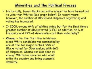 • Historically, fewer Blacks and other minorities have turned out
to vote than Whites (see graph below). In recent years,
however, the number of Blacks and Hispanics registering and
voting has increased.
• In 2008, around 64% of Whites voted but for the first time a
greater number of Blacks voted (74%). In addition, 44% of
Hispanics and 29% of Asians also cast their vote. Why?
• Obama – For the first time in history
a non-White candidate was nominated by
one of the two major parties. 95% of
Blacks voted for Obama along with 66%
of Hispanics. Obama was also seen by
enough Whites as someone who would
unite the country and bring economic
stability.
Minorities and the Political Process
 