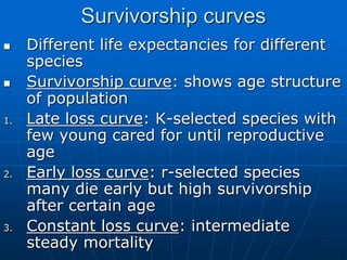 Survivorship curves
 Different life expectancies for different
species
 Survivorship curve: shows age structure
of population
1. Late loss curve: K-selected species with
few young cared for until reproductive
age
2. Early loss curve: r-selected species
many die early but high survivorship
after certain age
3. Constant loss curve: intermediate
steady mortality
 