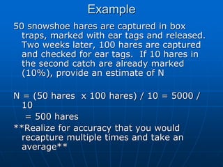 Example
50 snowshoe hares are captured in box
traps, marked with ear tags and released.
Two weeks later, 100 hares are captured
and checked for ear tags. If 10 hares in
the second catch are already marked
(10%), provide an estimate of N
N = (50 hares x 100 hares) / 10 = 5000 /
10
= 500 hares
**Realize for accuracy that you would
recapture multiple times and take an
average**
 