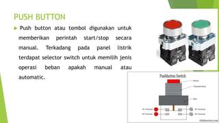PUSH BUTTON
 Push button atau tombol digunakan untuk
memberikan perintah start/stop secara
manual. Terkadang pada panel listrik
terdapat selector switch untuk memilih jenis
operasi beban apakah manual atau
automatic.
 
