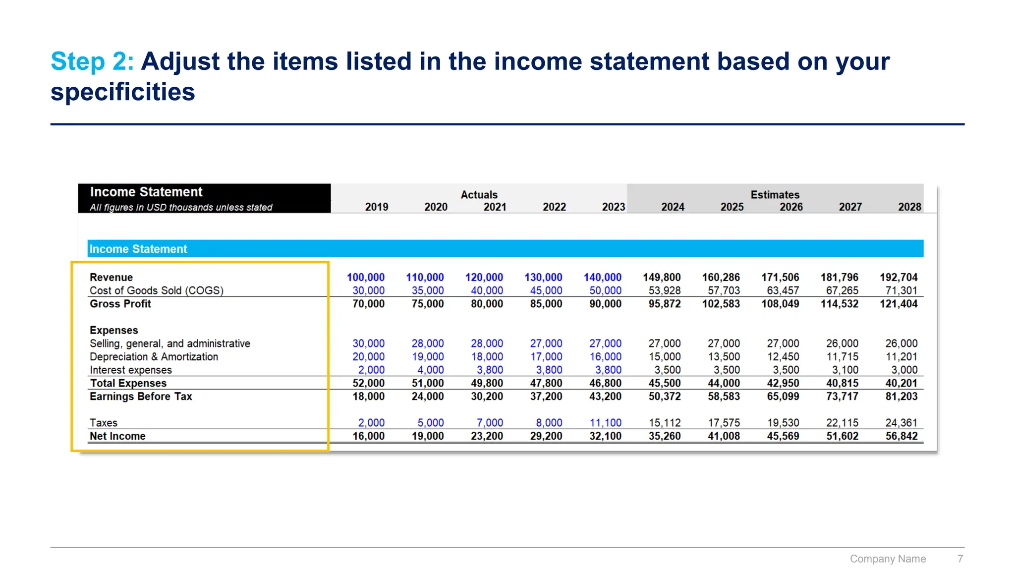 Step 2: Adjust the items listed in the income statement based on your
specificities
Company Name 7
 