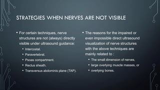 STRATEGIES WHEN NERVES ARE NOT VISIBLE
• For certain techniques, nerve
structures are not (always) directly
visible under ultrasound guidance:
• Intercostal.
• Paravertebral.
• Psoas compartment.
• Rectus sheath.
• Transversus abdominis plane (TAP).
• The reasons for the impaired or
even impossible direct ultrasound
visualization of nerve structures
with the above techniques are
mainly related to :
• The small dimension of nerves,
• large overlying muscle masses, or
• overlying bones.
 