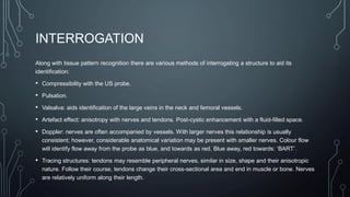 INTERROGATION
Along with tissue pattern recognition there are various methods of interrogating a structure to aid its
identification:
• Compressibility with the US probe.
• Pulsation.
• Valsalva: aids identification of the large veins in the neck and femoral vessels.
• Artefact effect: anisotropy with nerves and tendons. Post-cystic enhancement with a fluid-filled space.
• Doppler: nerves are often accompanied by vessels. With larger nerves this relationship is usually
consistent; however, considerable anatomical variation may be present with smaller nerves. Colour flow
will identify flow away from the probe as blue, and towards as red. Blue away, red towards: ‘BART’.
• Tracing structures: tendons may resemble peripheral nerves, similar in size, shape and their anisotropic
nature. Follow their course, tendons change their cross-sectional area and end in muscle or bone. Nerves
are relatively uniform along their length.
 