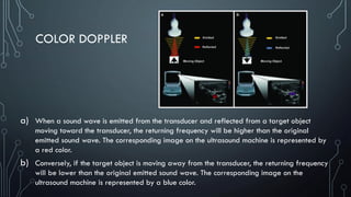 COLOR DOPPLER
a) When a sound wave is emitted from the transducer and reflected from a target object
moving toward the transducer, the returning frequency will be higher than the original
emitted sound wave. The corresponding image on the ultrasound machine is represented by
a red color.
b) Conversely, if the target object is moving away from the transducer, the returning frequency
will be lower than the original emitted sound wave. The corresponding image on the
ultrasound machine is represented by a blue color.
 
