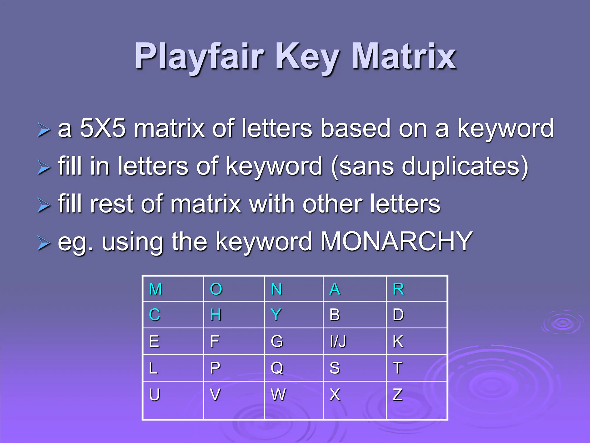 Playfair Key Matrix
 a 5X5 matrix of letters based on a keyword
 fill in letters of keyword (sans duplicates)
 fill rest of matrix with other letters
 eg. using the keyword MONARCHY
M O N A R
C H Y B D
E F G I/J K
L P Q S T
U V W X Z
 