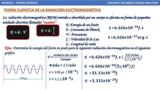 QUÍMICA – TEORÍA ATÓMICA DOCENTE: EDUARDO LOZANO MELCHOR
TEORÍA CUÁNTICA DE LA RADIACIÓN ELECTROMAGNÉTICA
La radiación electromagnética (REM) emitida o absorbida por un cuerpo se efectúa en forma de pequeñas
unidades discretas llamadas “cuantos”
E = h . V
E: Energía de un fotón
h : Constante de Planck
V : Frecuencia
C : Velocidad de la Luz
λ : Longitud de onda
Ejm.: Determine la energía del fotón en joule para la siguiente radiación electromagnética en el siguiente
gráfico
110 µs
t = 110 µs
#ciclos = 5,5 ciclos
 
