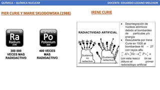 QUÍMICA – QUÍMICA NUCLEAR DOCENTE: EDUARDO LOZANO MELCHOR
fluorescencia d e una
sal de uranio
(Pechblenda)
• Los esposos Curie
descubrieron el radio
y el polonio
• Desintegración de
núcleos atómicos
debido al bombardeo
de partículas y/o
energía
• Descubierta por Irene
Curie en 1935 al
bombardear Al – 27
con rayos alfa.
n
P
He
Al 1
0
30
15
4
2
27
13
+
→
+
con esta reacci ón se
obtuvo el primer
radioisótopo artificial
Materiales
Radiactivos
Electrón Núcleo de Helio
RADIACTIVIDAD ARTIFICIAL
Sustancia
no
radiactiva
Sustancia
radiactiva
PIER CURIE Y MARIE SKLODOWSKA (1988) IRENE CURIE
300 000
VECES MAS
RADIOACTIVO
400 VECES
MAS
RADIOACTIVO
 