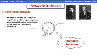 MODELOS ATÓMICOS
QUÍMICA – TEORÍA ATÓMICA DOCENTE: EDUARDO LOZANO MELCHOR
3. JEAN PERRIN Y NAGAOKA
➢ modificó el modelo de Thompson,
sugiriendo que las cargas negativas
son externas al átomo, por primera
vez se habla de “electrones”
periféricos.
Electrones
Periféricos
 