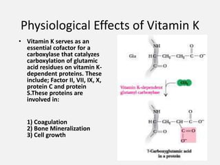 Physiological Effects of Vitamin K
• Vitamin K serves as an
essential cofactor for a
carboxylase that catalyzes
carboxylation of glutamic
acid residues on vitamin K-
dependent proteins. These
include; Factor II, VII, IX, X,
protein C and protein
S.These proteins are
involved in:
1) Coagulation
2) Bone Mineralization
3) Cell growth
 